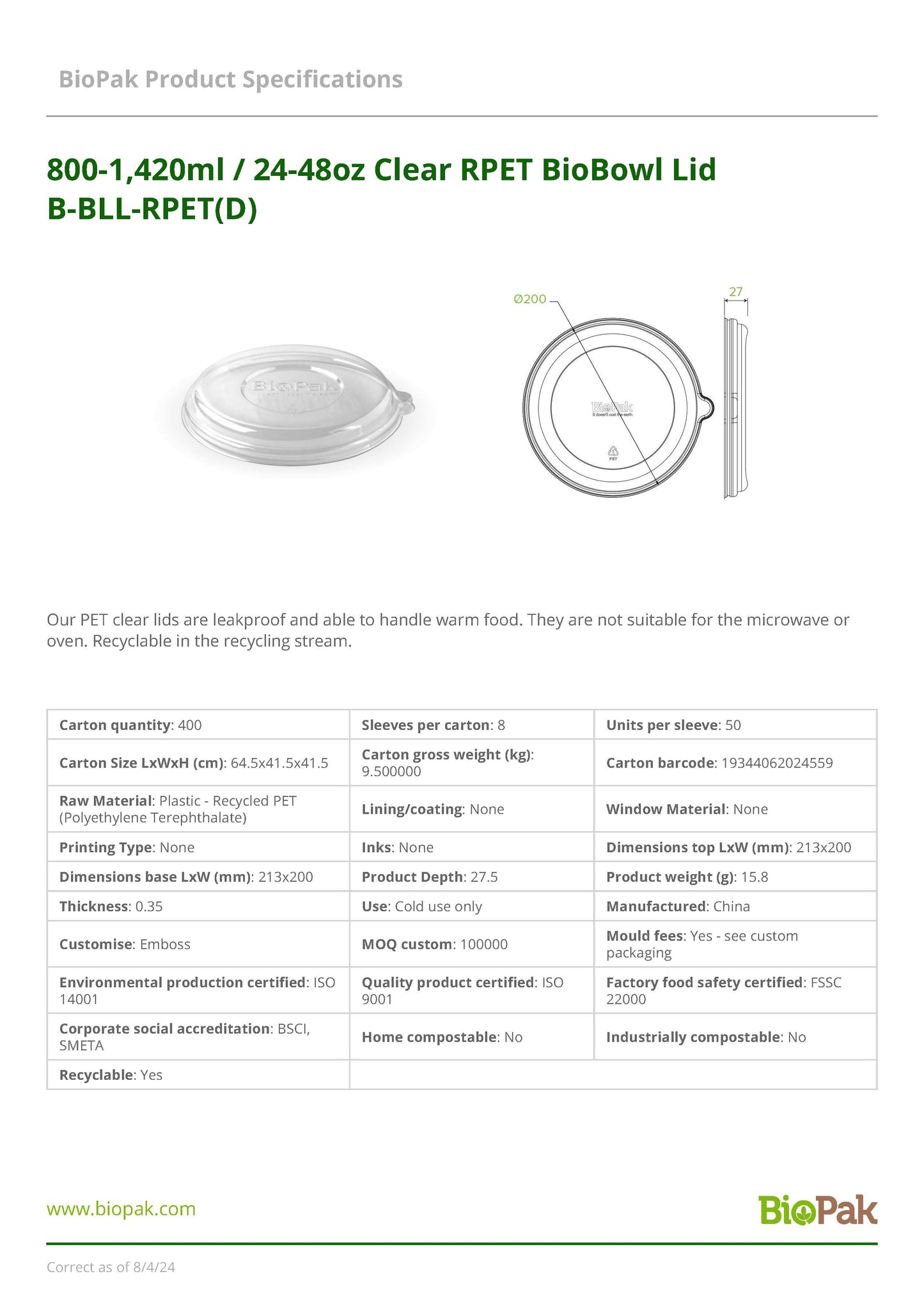 Dome RPET* Lid to suit 24-48oz BioCane Bowl (50)