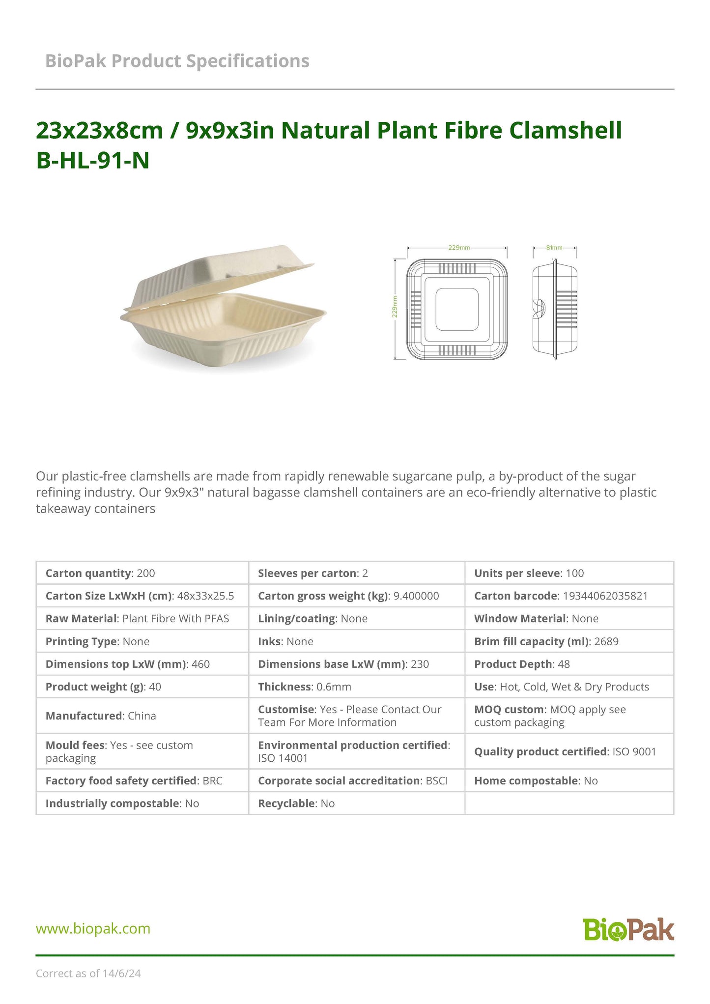 Clamshell 9x9x3" (Dinner) BioCane - Natural (100)
