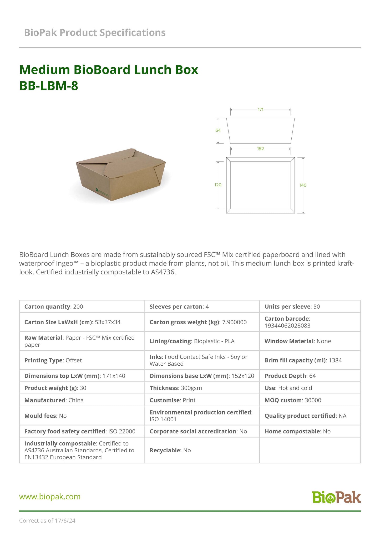 BioBoard Lunch Box Medium (50) BioPak