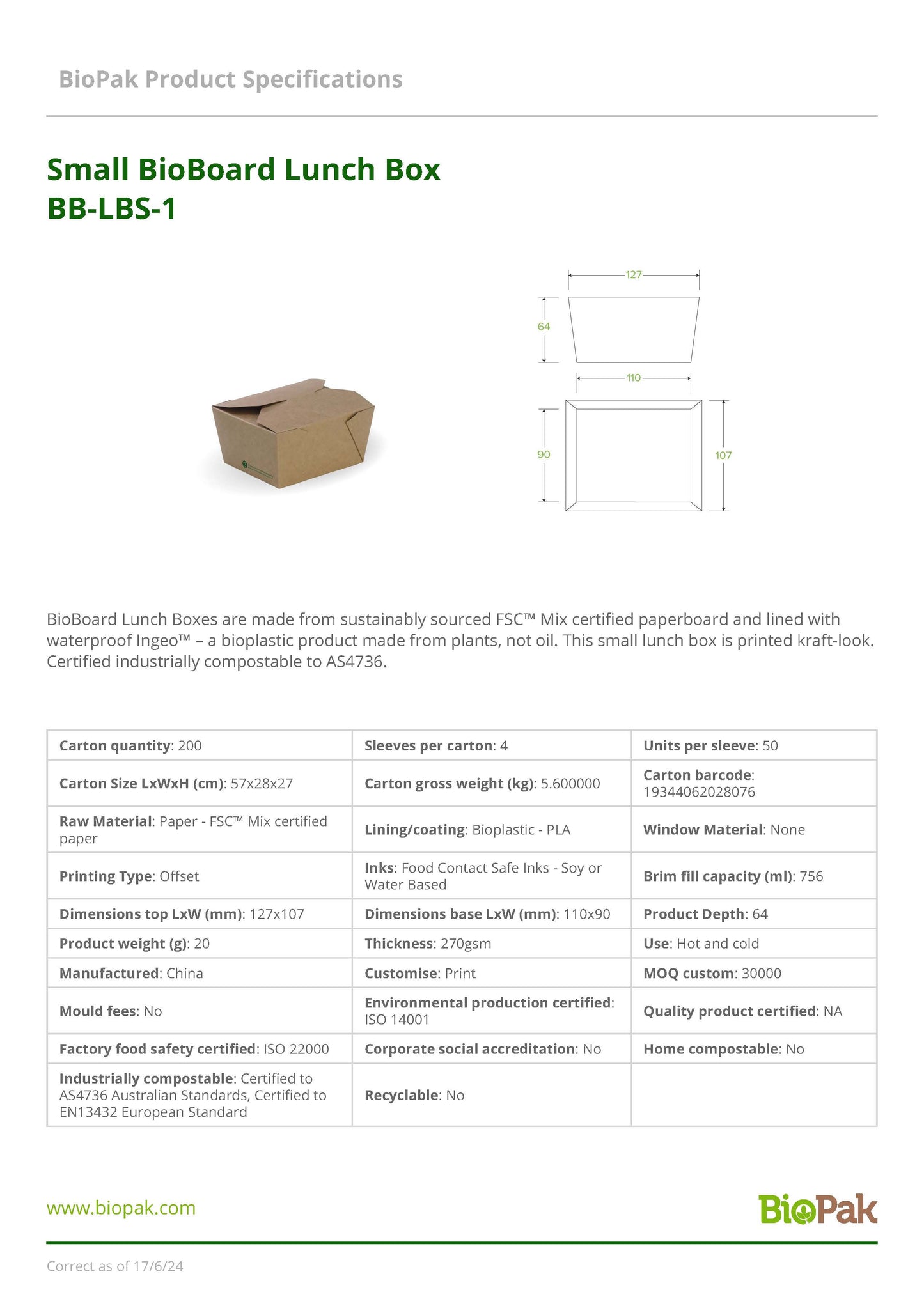 BioBoard Lunch Box Small (50) BioPak