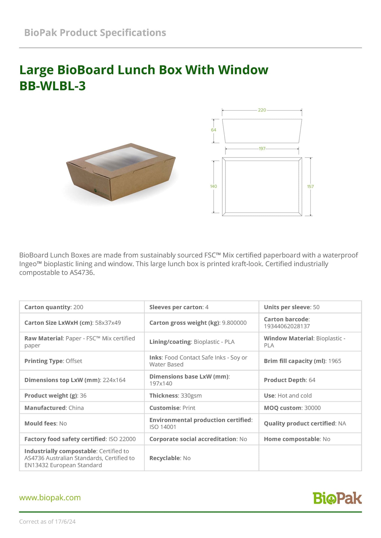BioBoard Lunch Box Large with Window (50) BioPak