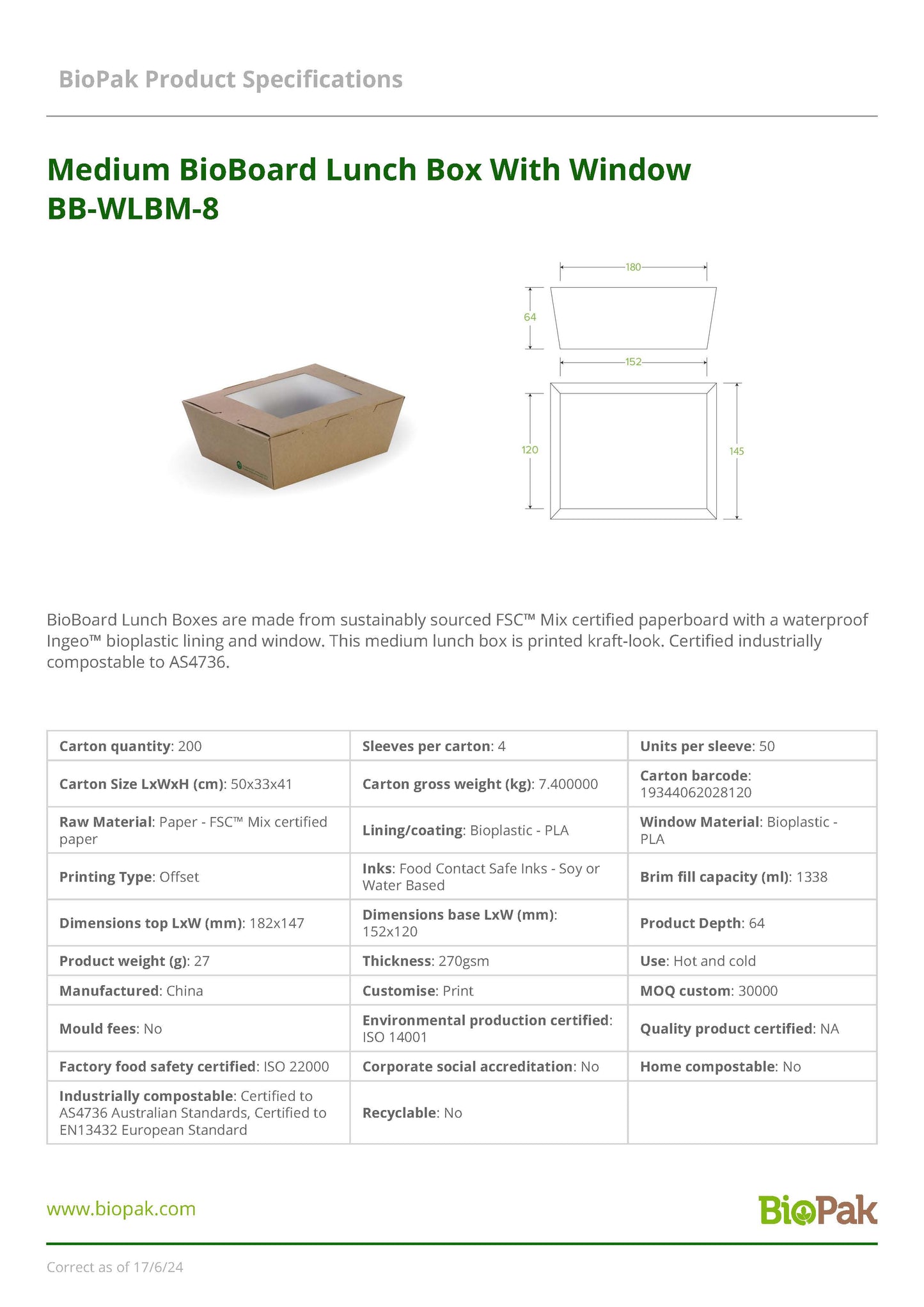 BioBoard Lunch Box Medium with Window (50) BioPak