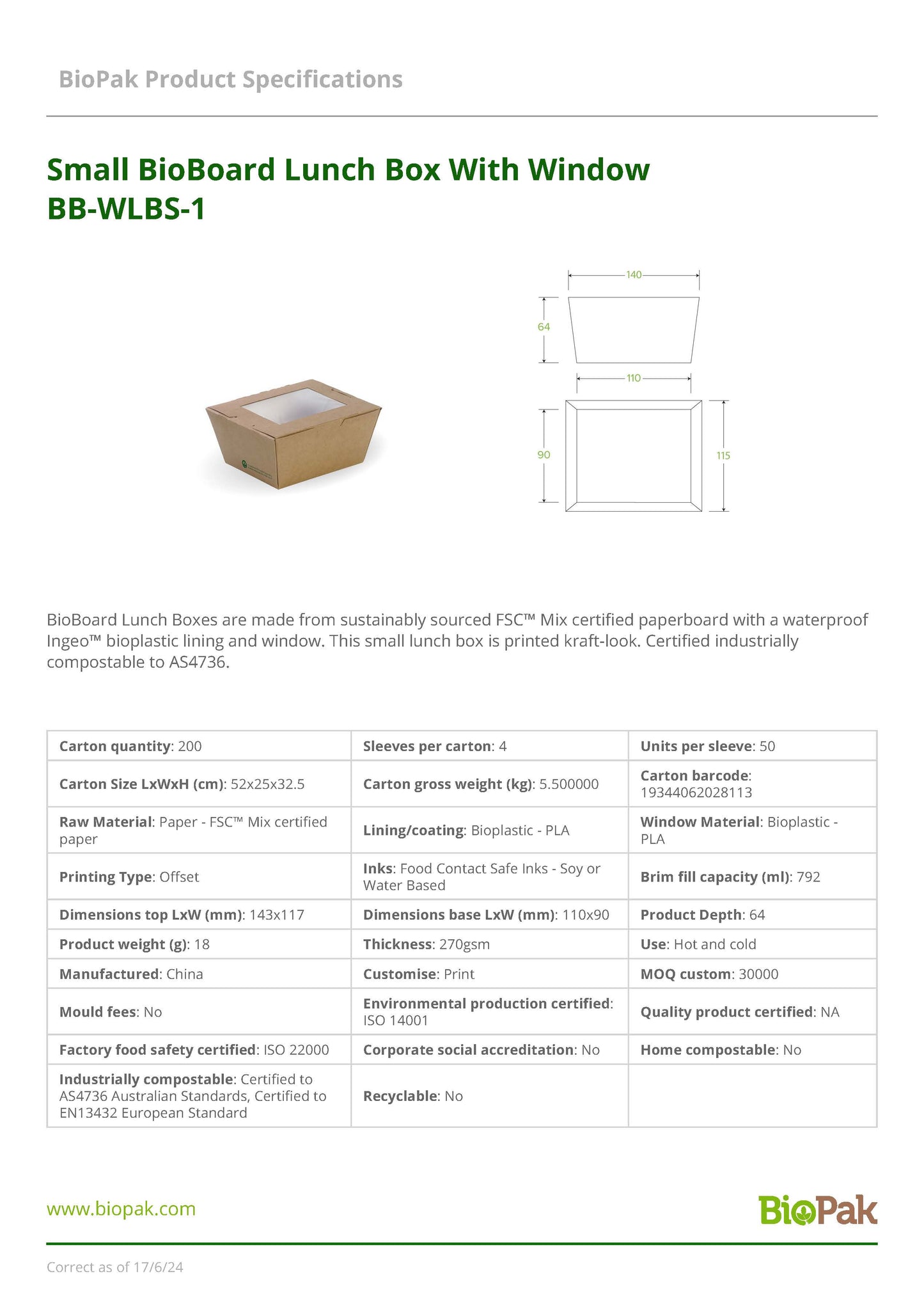 BioBoard Lunch Box Small with Window (50) BioPak