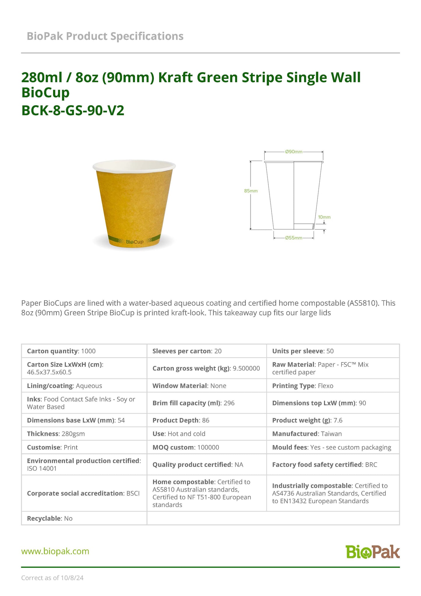280ml / 8oz (90mm) SW BioCup - KRAFT GS (50)