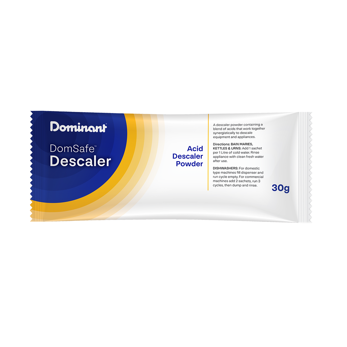 Dominant DomSafe Descaler powder packet on a white background