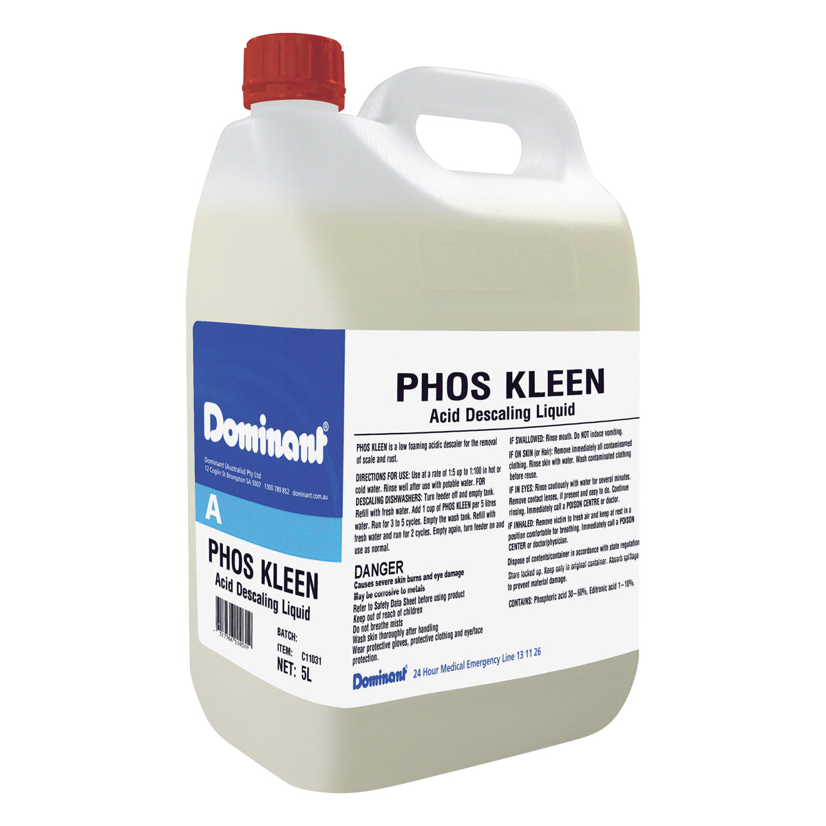Jug of Phos Kleen acid descaling liquid with a red cap on a white background