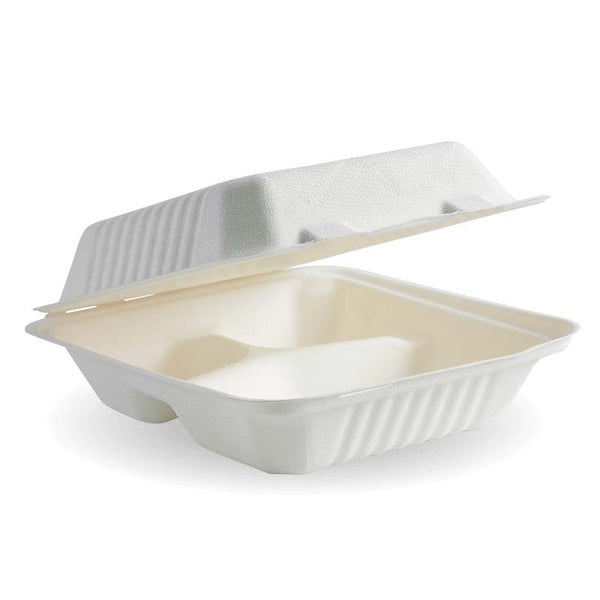 Clamshell 7.8x8x3" - 3 Compartment - BioCane - White (100)