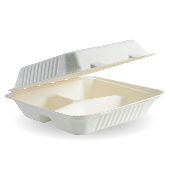 Clamshell 9x9x3" (Dinner) 3 Compartment - BioCane - White (100)