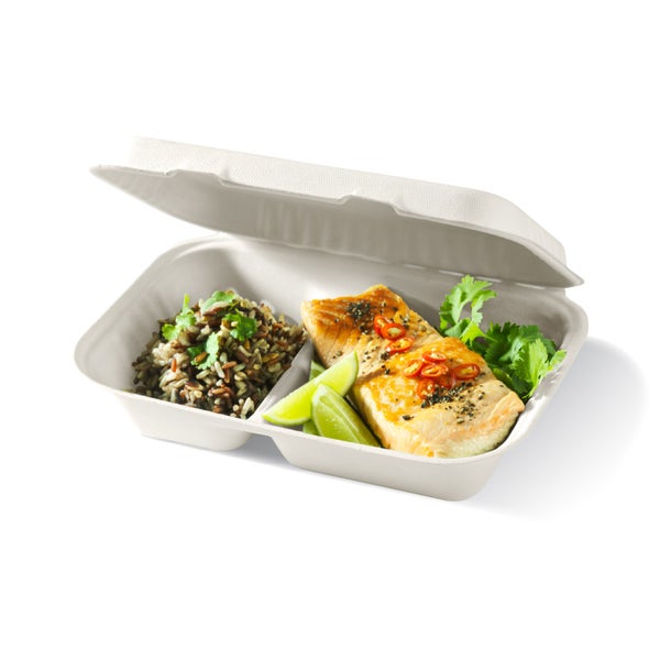 Clamshell 9x6x3" - 2 Compartment - BioCane - White (125)