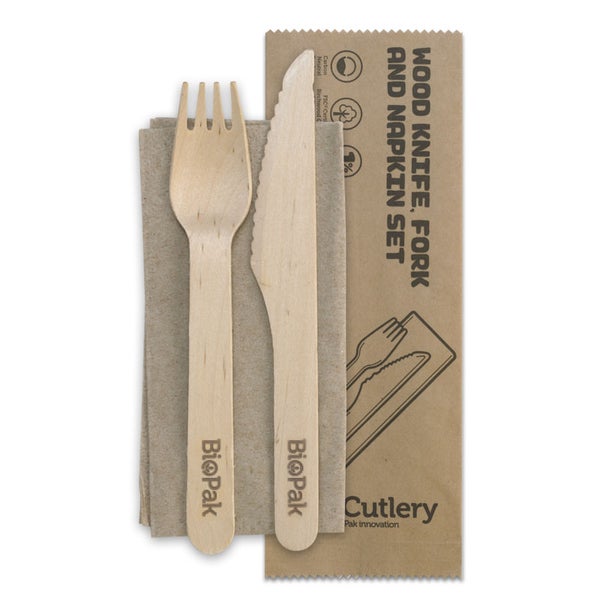 Cutlery Set 16cm Wood Knife Fork & Napkin Coated