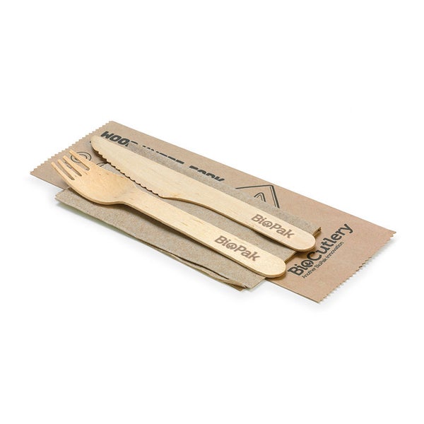 Cutlery Set 16cm Wood Knife Fork & Napkin Coated