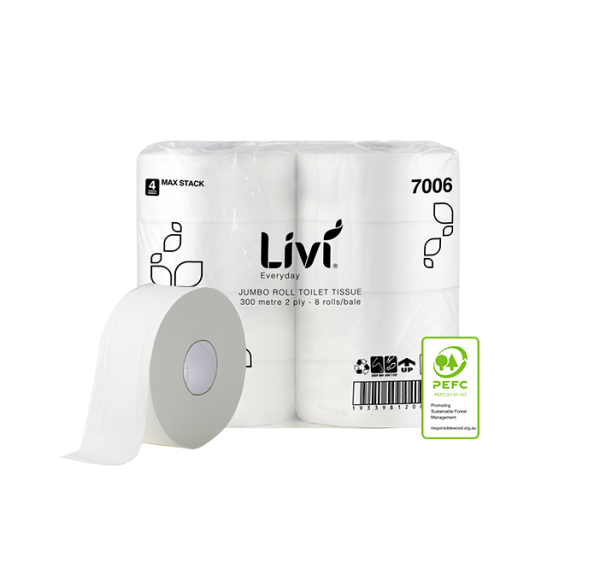 Livi jumbo roll toilet tissue with PEFC logo on a white background