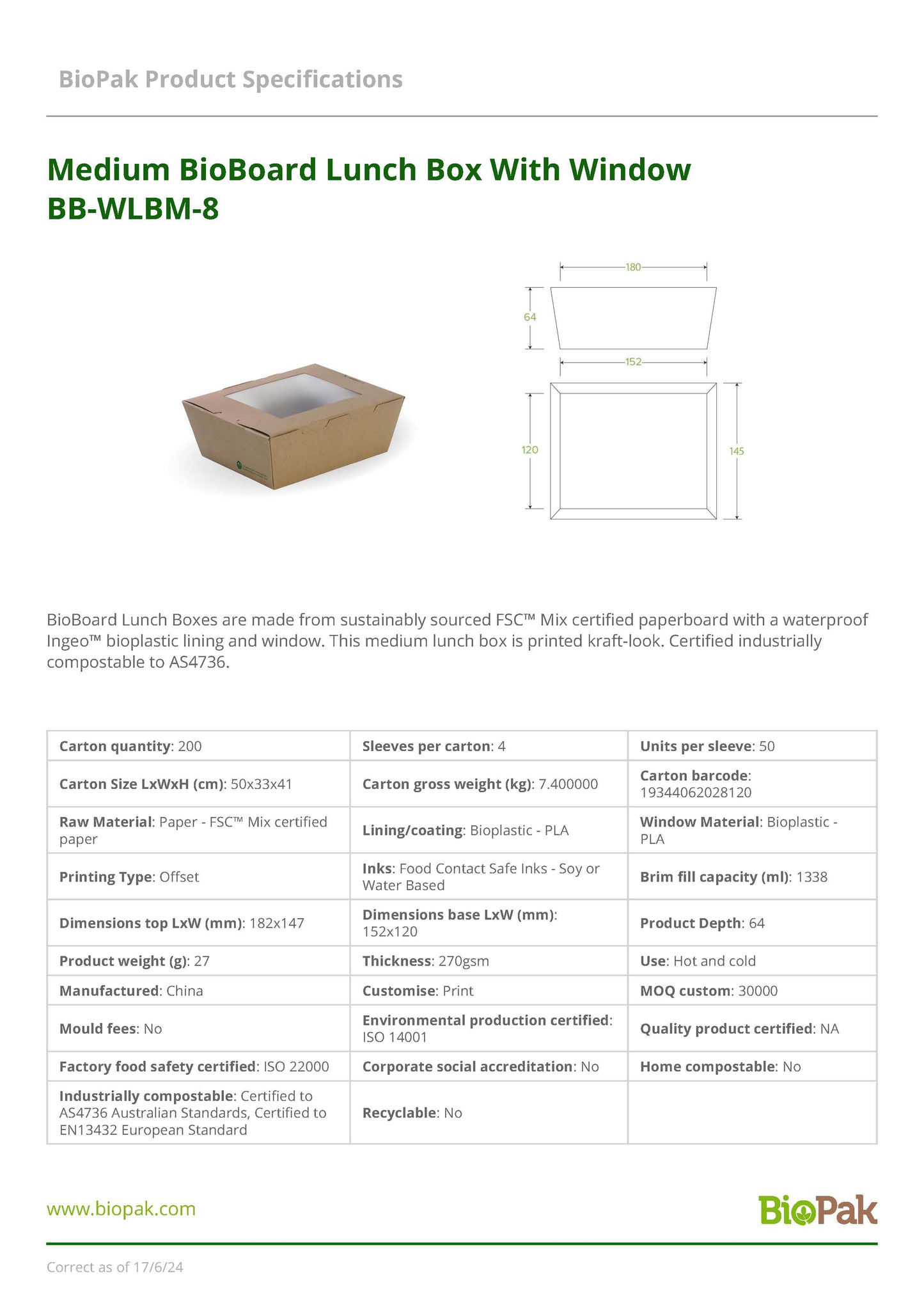 BioBoard Lunch Box with Window - MEDIUM (50)