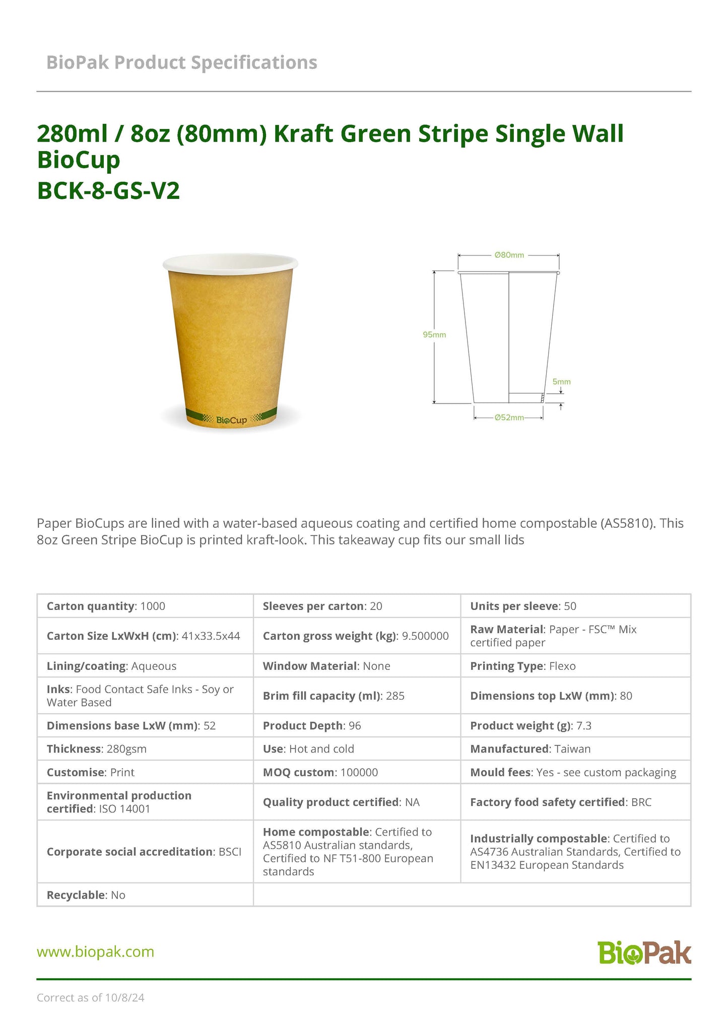 280ml / 8oz (80mm) Single Wall BioCup - Kraft GS (50)