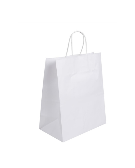 A plain white paper shopping bag with two twisted paper handles, shown on a solid white background.