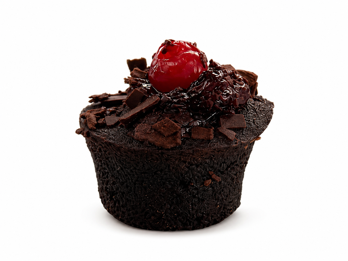 Chocolate cupcake with a cherry on top on a white background