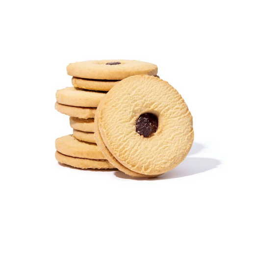 Stack of round cookies with a raspberry jam filling on a white background