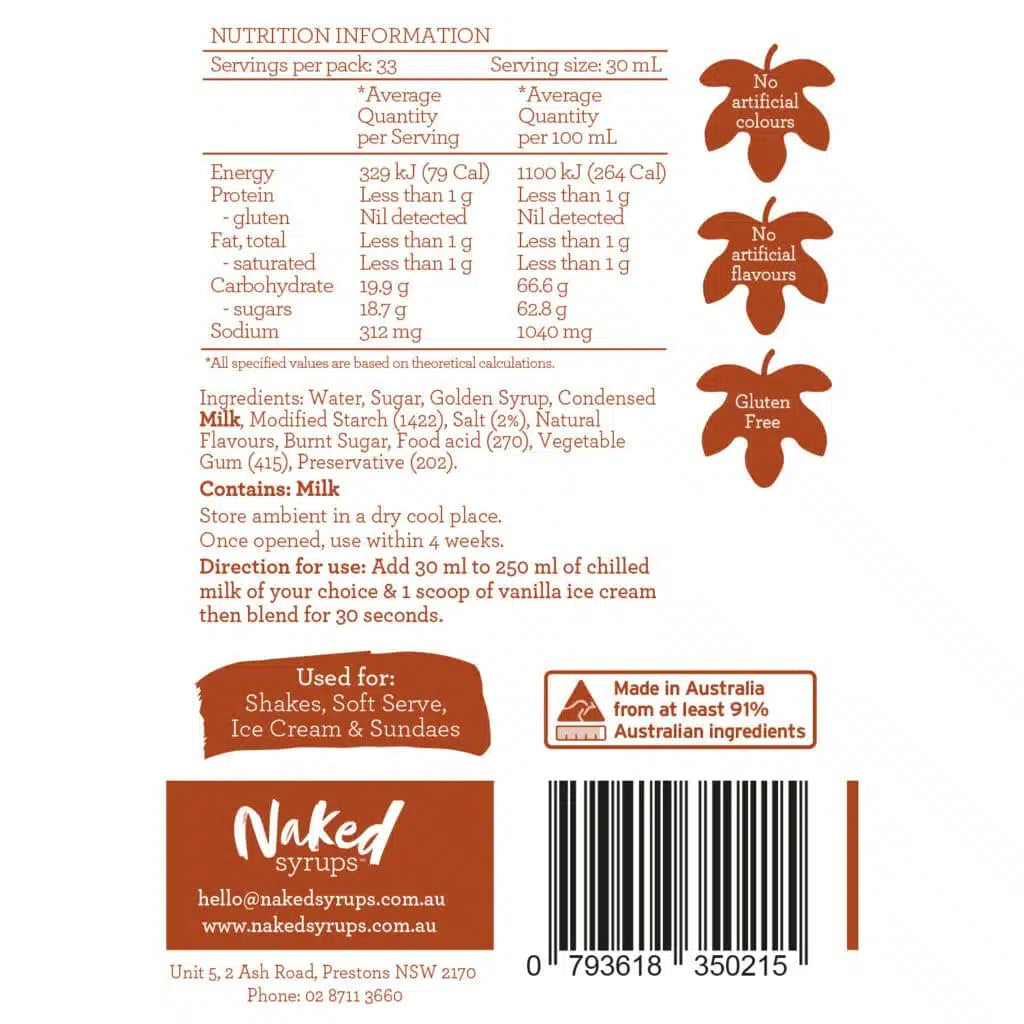 Salty Caramel Flavoured Sauce (GF) 1L Naked Syrups