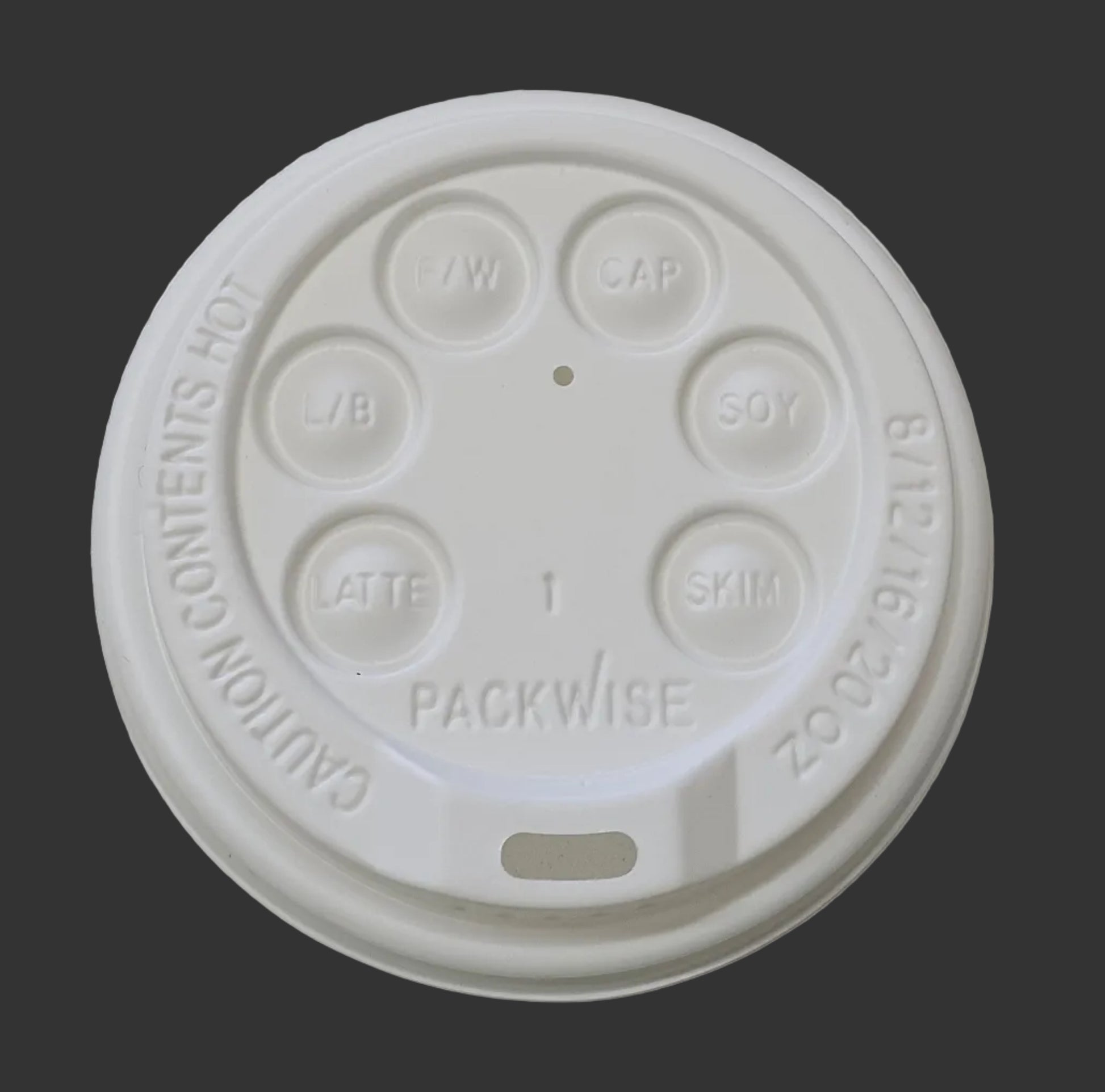 A white plastic disposable coffee cup lid with embossed text and labels including CAP, SOY, LATTE, and SKIM, on a dark gray background.