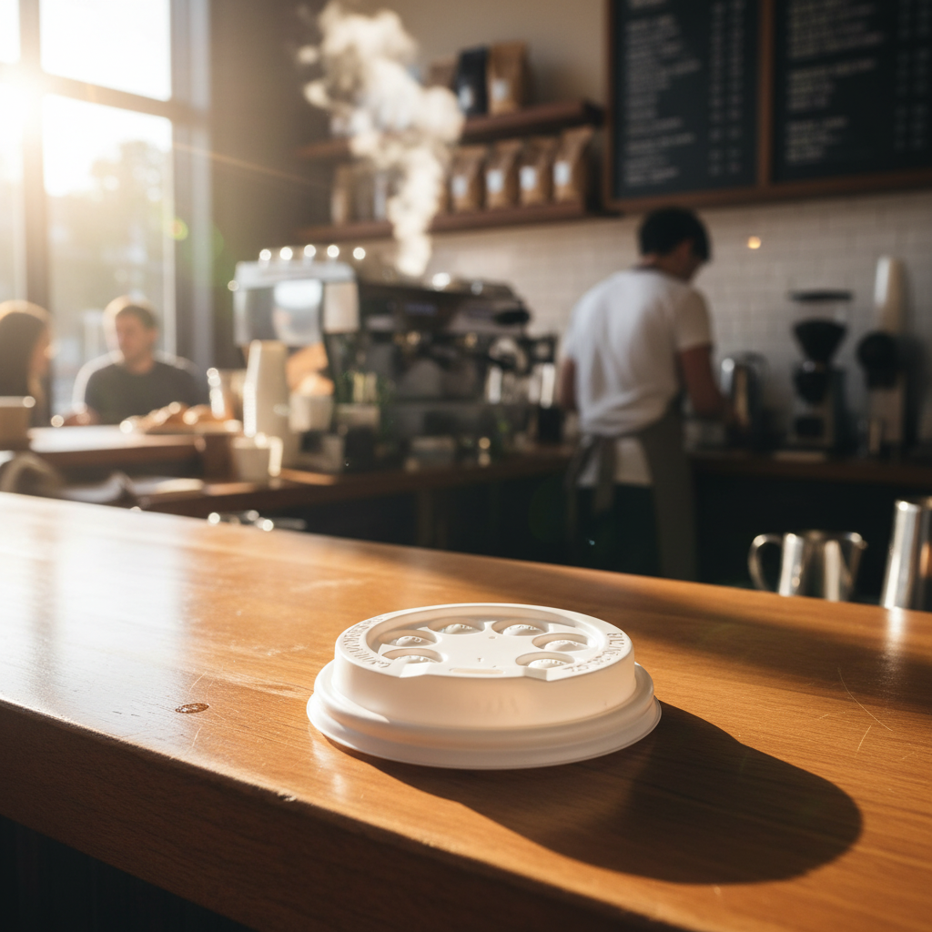 A white disposable coffee cup lid with a decorative cutout sits on a wooden cafe counter, with a blurred coffee shop interior in the background.