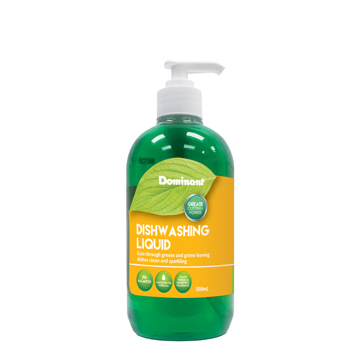 A 500ml bottle of Dominant Dishwashing Liquid with a green translucent body, a white pump dispenser, and a yellow label featuring a green leaf graphic.