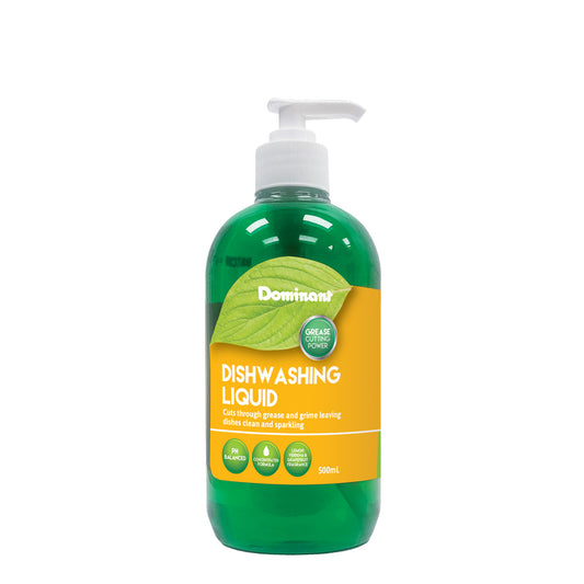 A 500ml bottle of Dominant Dishwashing Liquid with a green translucent body, a white pump dispenser, and a yellow label featuring a green leaf graphic.