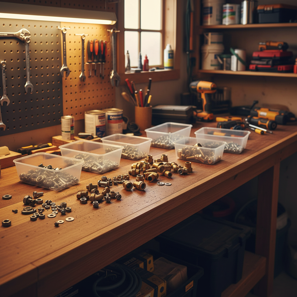 A wooden workbench in a well-lit workshop, organized with clear plastic bins containing small metal hardware parts, with tools hanging on a pegboard and shelves in the background.