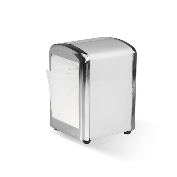 Chrome paper napkin dispenser on a white background